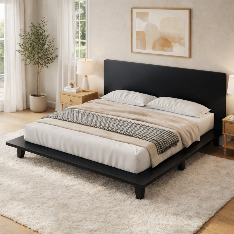 Wood Platform Bed With Wide Edge Frame, Low-Profile, Rectangular Panel Headboard, Contemporary, Bedroom, Black, Full