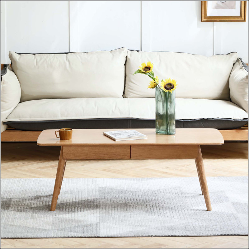 Table basse en chêne massif avec deux tiroirs et tablette de rangement