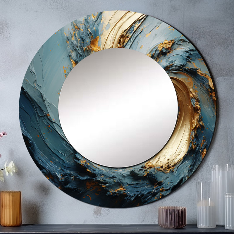 Gold And Blue Vortex Poteries - Abstract Spirals Round Mirror Wall Decor_MTMIR107290, 36" x 36"