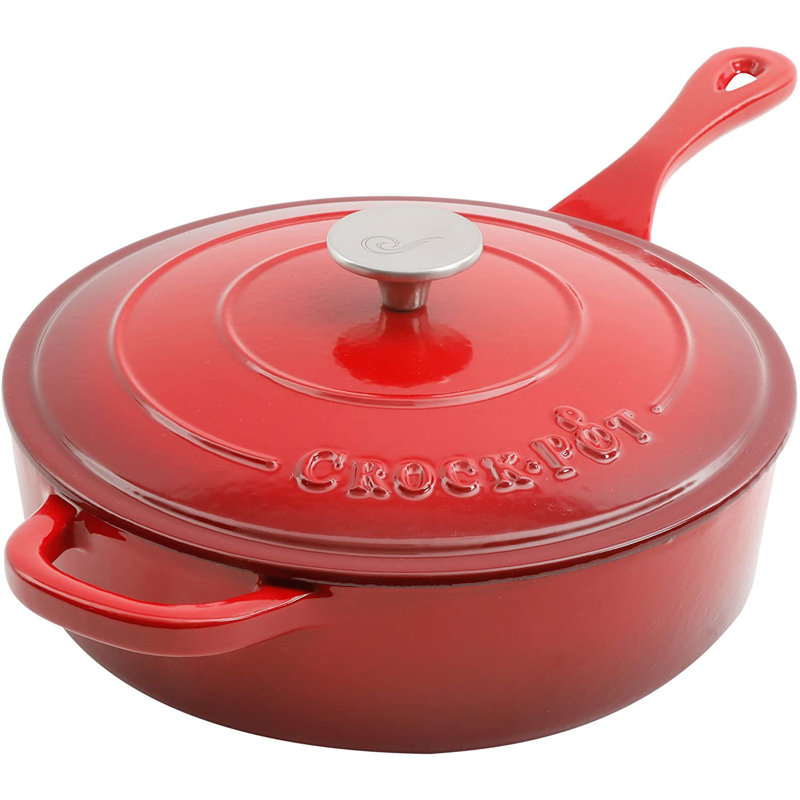 Crock-pot 3.5 qt Non Stick Cast Iron Saute Pan with Lid, Red