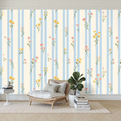 Peel and Stick Wallpaper 144" W x 100" H Modern Self Adhesive Wall Mural for Bedroom Floral Soft Pastel Blooms Blue Stripes Vintage Flowers