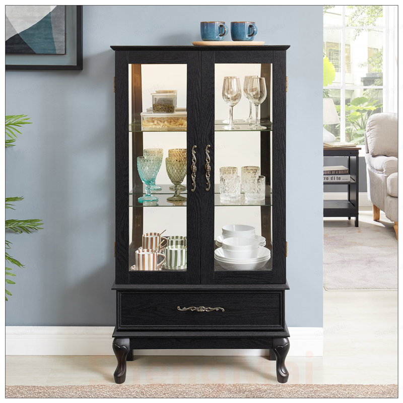 Élégante armoire vitrée avec portes en verre, tablettes réglables et éclairage DEL pour la décoration et le rangement
