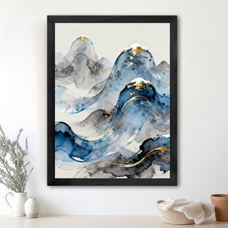 Peinture à l'encre noire encadrée noire est comme des montagnes en cascade, H 37 po x l 25 po