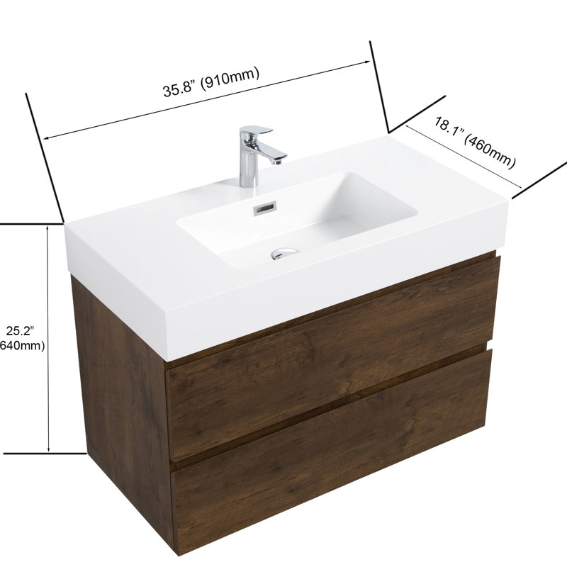 Floating Bathroom Vanity - 36" Walnut, One White Sink Basin, Pre-Assembled, Large Storage With Storage, Silent Smooth, No Handle, Contemporary