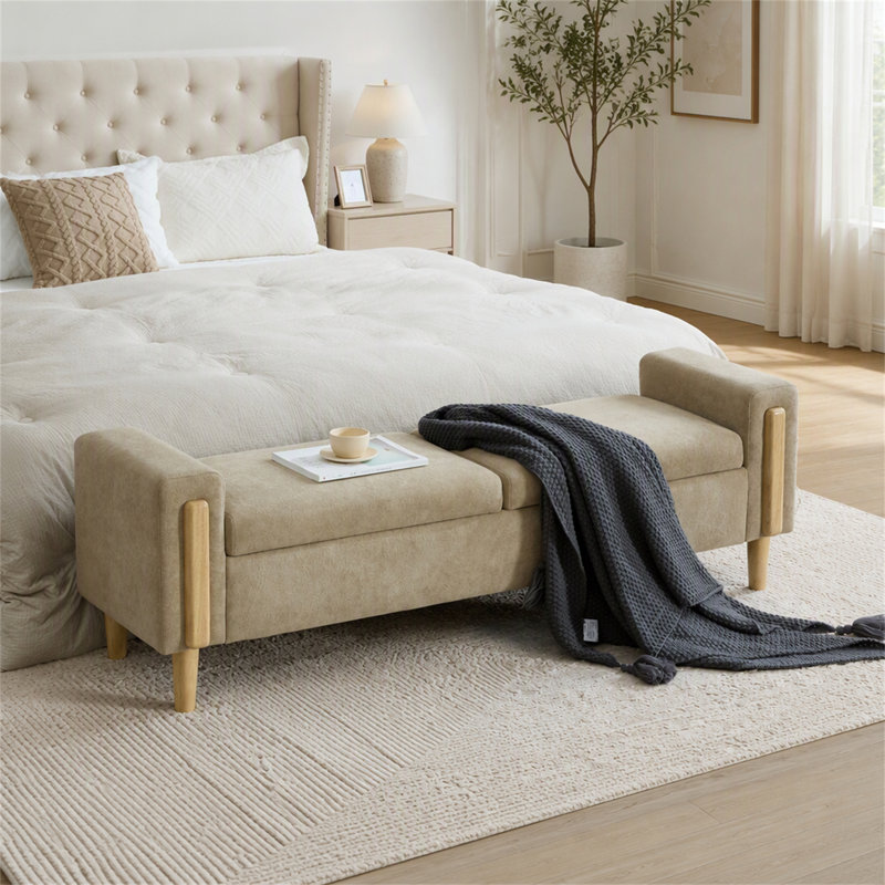 Banc de rangement moderne rembourré avec double couvercle et accoudoirs pour une organisation polyvalente du salon, Greige