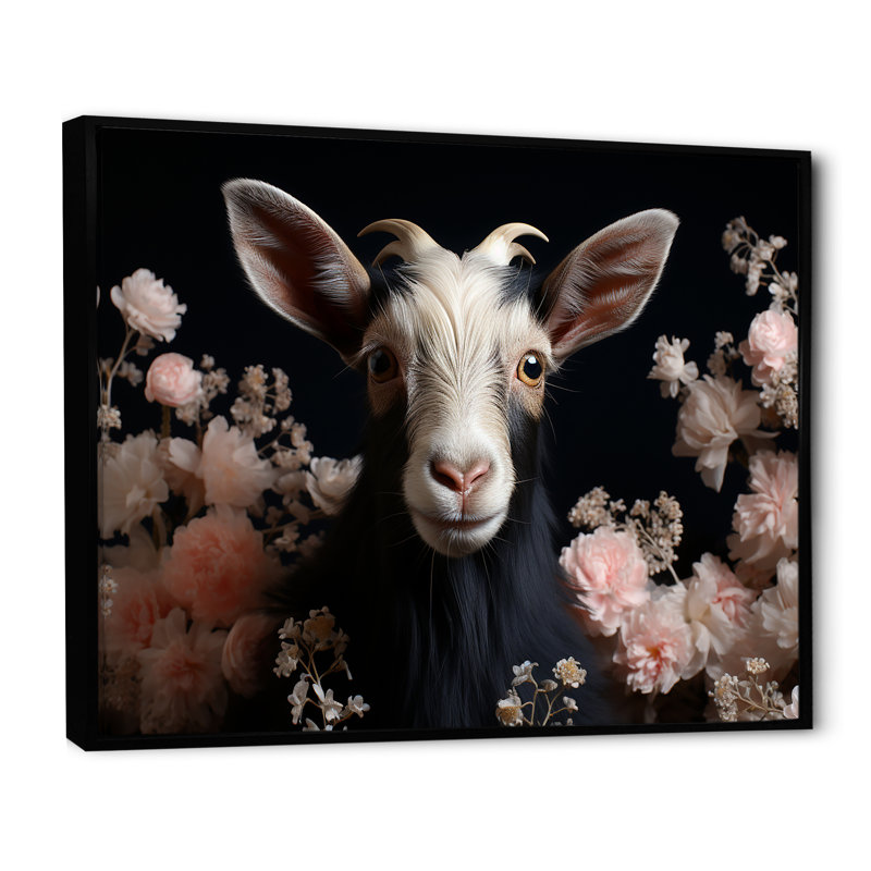 Portrait de chèvre blanc et rose - art mural animal de chèvre, Cadre flottant noir, H 34 po x l 44 po x P 1,5 po