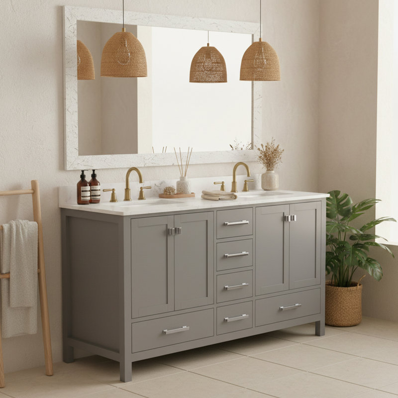 Meuble-lavabo gris 60 po, structure en bois massif, 2 lavabos, autoportant, look moderne, glissières de tiroir à fermeture en douceur, lavabo blanc autoportant avec lignes épurées, style, tiroirs, lavabo intégré, lisse