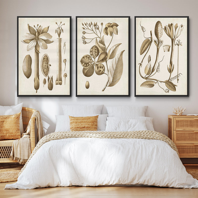 Ensemble de 3 pièces encadrées sur toile Ochre botanique I, H 36 po x l 72 po, Noir