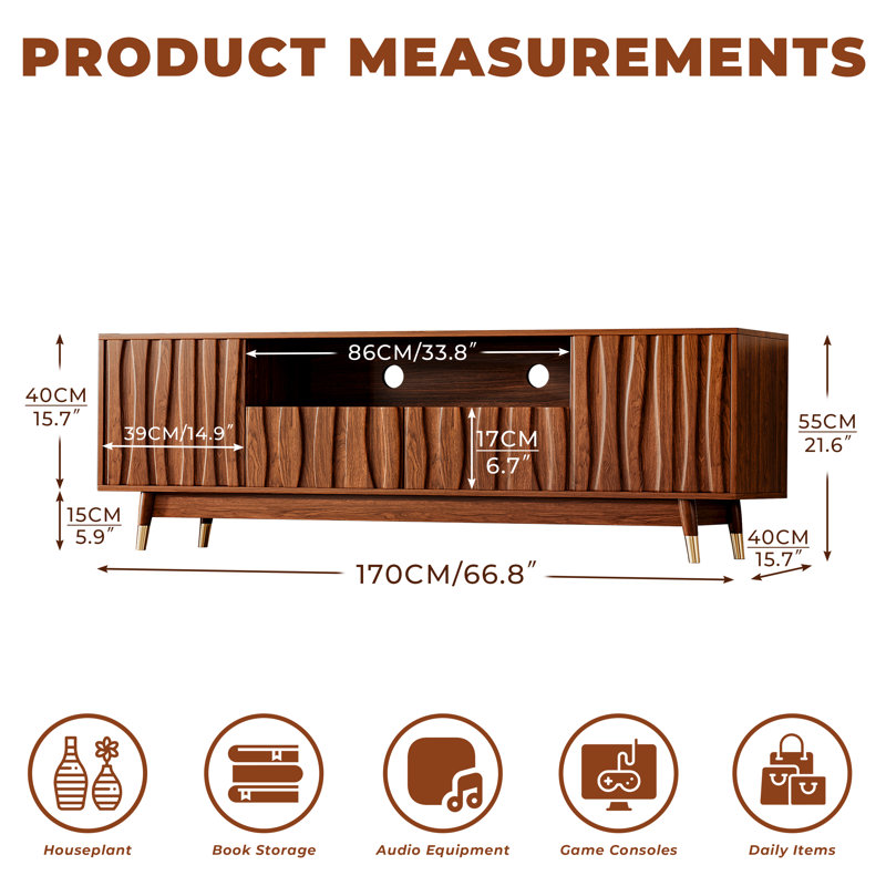66'' Brown Walnut Finish TV Stand For 48/55/65 Inch TVs, Mid Century Modern Wood Media Console Entertainment Center With 2 Drawers And 2 Cabinets For Living Room Bedroom