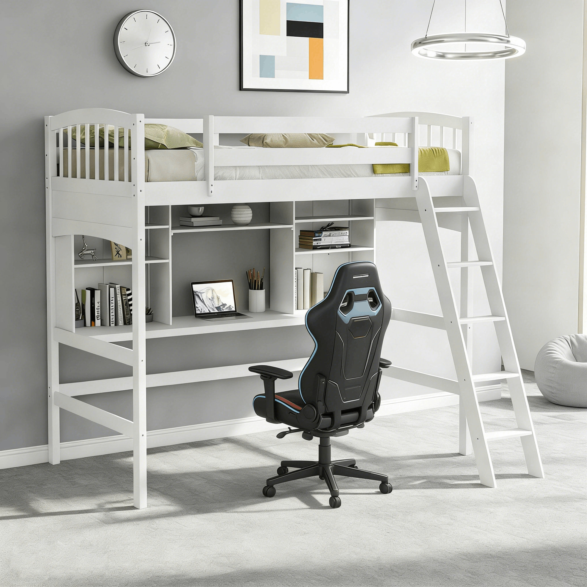 Latitude Run® Loft Bed With Built In Desk And Storage Shelves, Twin ...