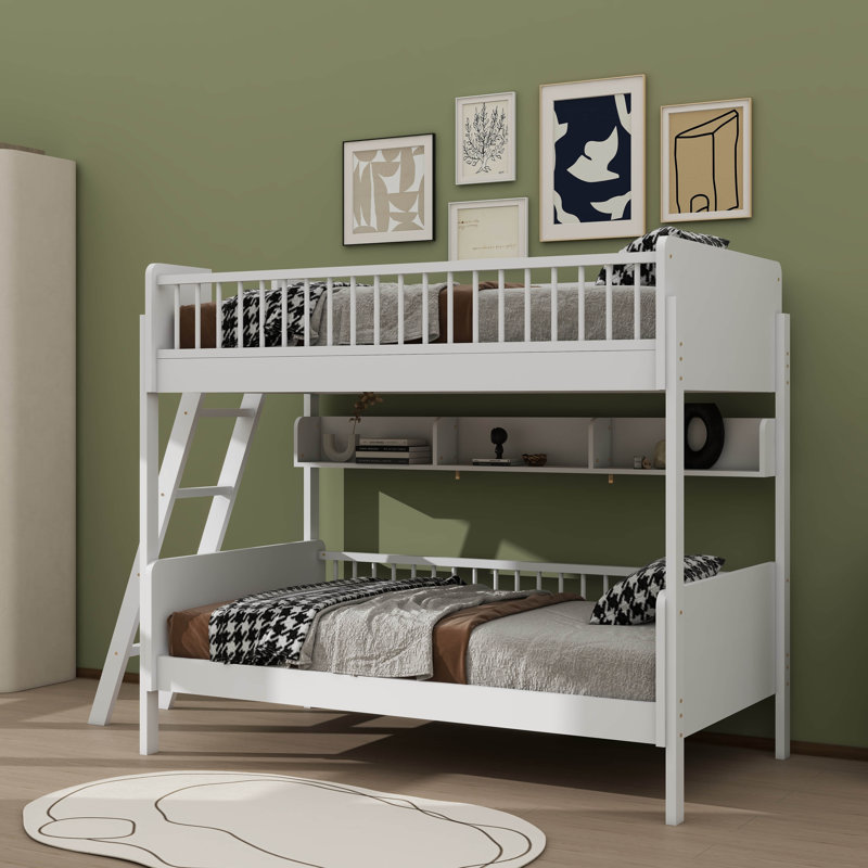 Lit superposé simple en bois avec trois sections de rangement, Blanc