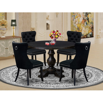 Cet ensemble de salle à manger 5 pièces comprend une table et 4 chaises en tissu de polyester noir avec dossier capitonné - Noir sablé