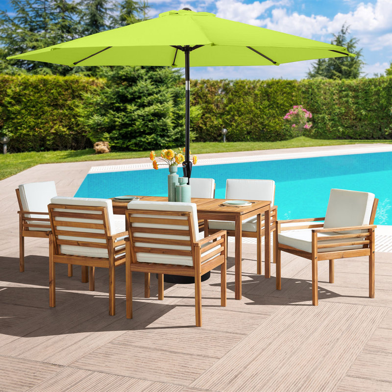 Arjay 8 Pc Patio Dining Set Wood One 63" Table Chairs With Cushions And 1 10-Foot Tilt Umbrella, Neon, 6