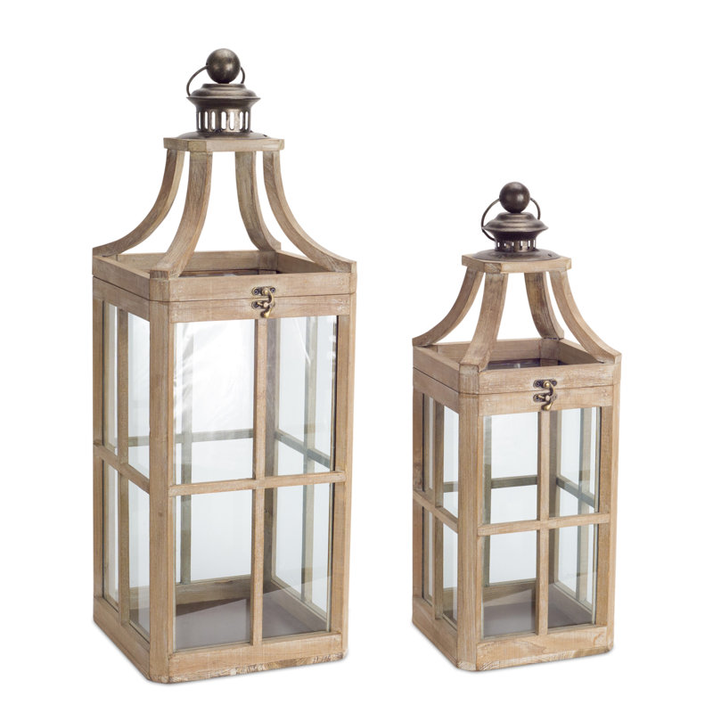 Ensemble de deux bougeoirs de lanterne géométrique en bois et verre brun