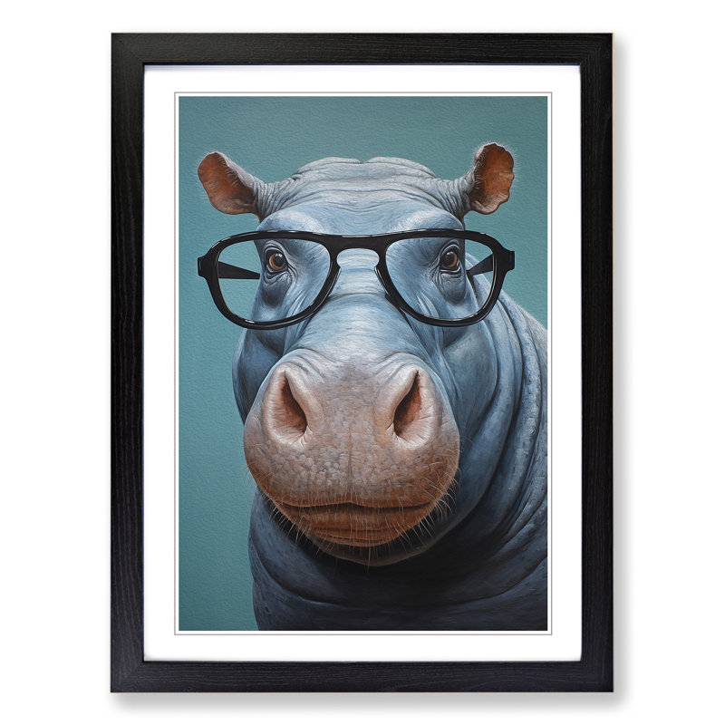 Hippo With Glasses - Single Picture Frame Print on Wood, 46cm H x 34cm W x 2cm D, Black