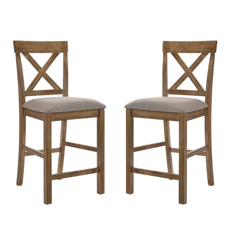 De 2 chaises de salle à manger contemporaines, sans accoudoirs, revêtues de lin, en croix, brun clair et chêne antique, siège carré rembourré, dossier à hauteur de comptoir standard,