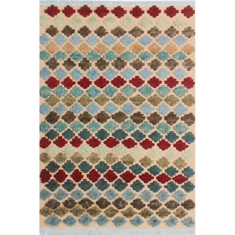 Tapis géométrique en laine noué à la main bleu / beige / rouge 5 pi x 7 pi 7 po