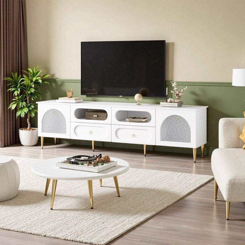 78.8" Retro TV Stand with 6 Metal Legs, 2 Glass Cabinet Doors & 4 Drawers, Entertainment Center for TVs Up to 85", White