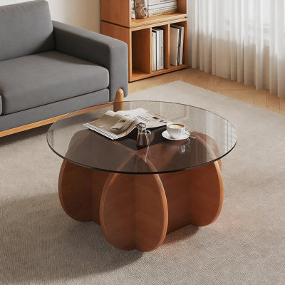 Modern Round Coffee Table For Living Room, 31.5" X 31.5" X 15.7" Mid Century Center Table With Tempered Glass Top And Wood, Walnut