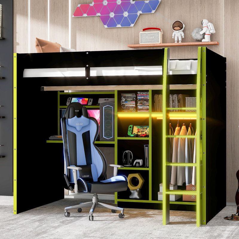 Lit mezzanine double avec bureau intégré, Vert