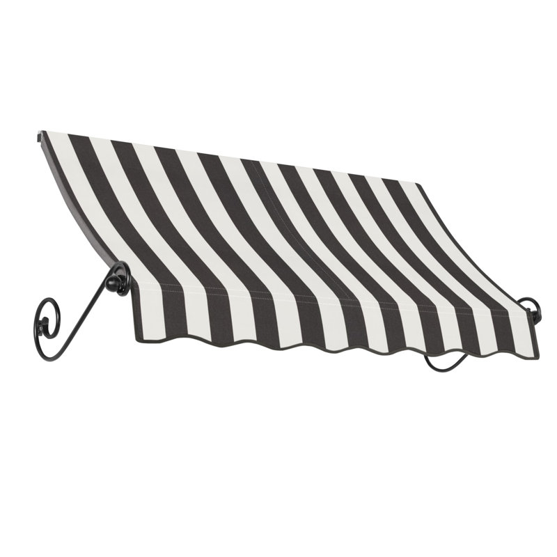 Awntech Charleston Acrylic Fabric Awning with Iron Scroll Arms, 44" H x 124.5" W x 24" D, Black/White Stripe