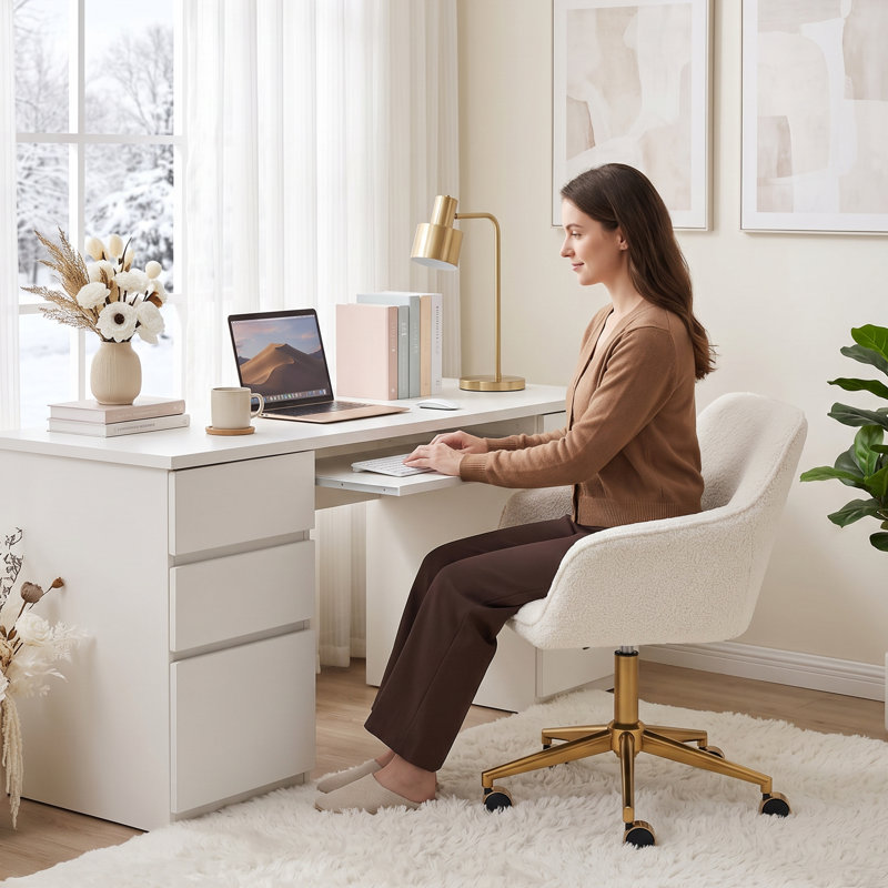 Swivel Boucle Task Chair With Armrest And Gold Steel Frame