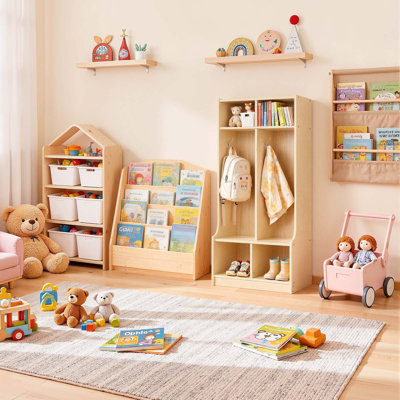 Casier à 2 sections pour enfants, rangement en bois pour tout-petits avec 4 crochets et trousse anti-basculement, casiers pour enfants modernes avec 4 petites boîtes de rangement ouvertes pour la maison, la maternelle, la garderie, naturel