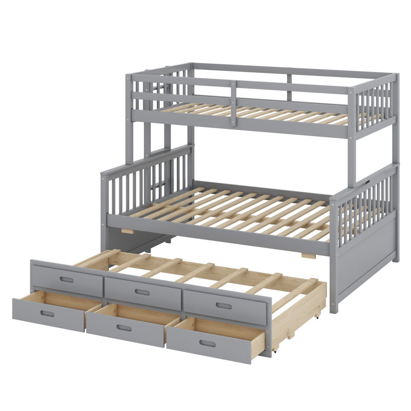 Bunk Bed With Trundle, Separable Bunk Bed With Drawers, Gray