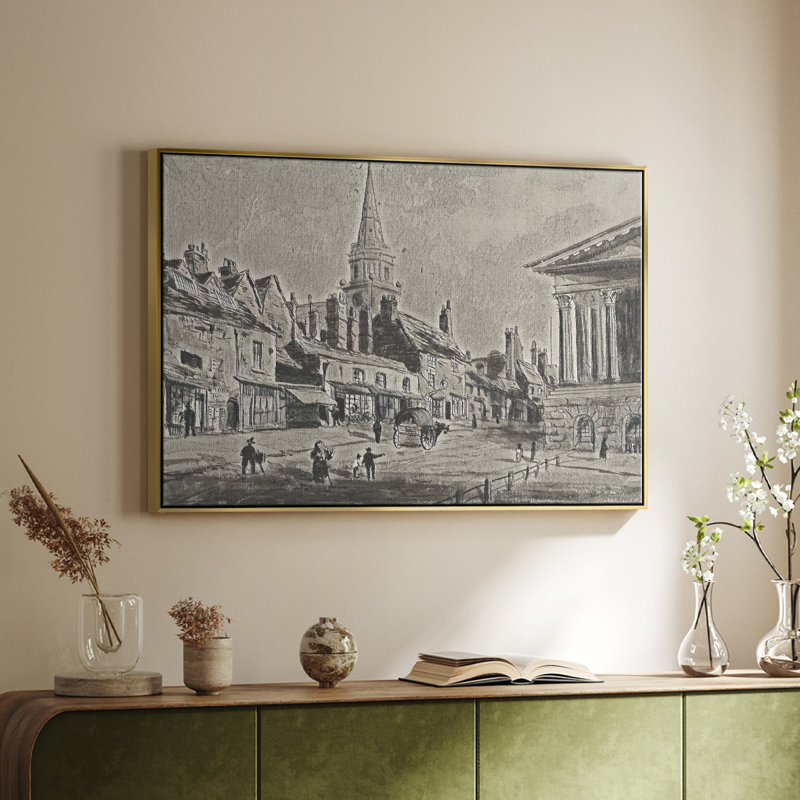 Croquis rétro-XLI, Toile avec cadre flottant or, H 17 po x l 25 po x P 2 po