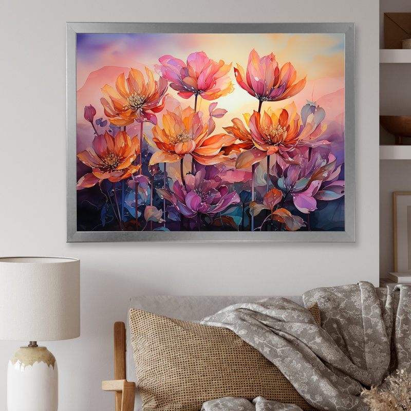 Tulipes coucher de soleil I - décoration murale tulipes, Cadre simple argenté, H 34 po x l 44 po x P 1,5 po