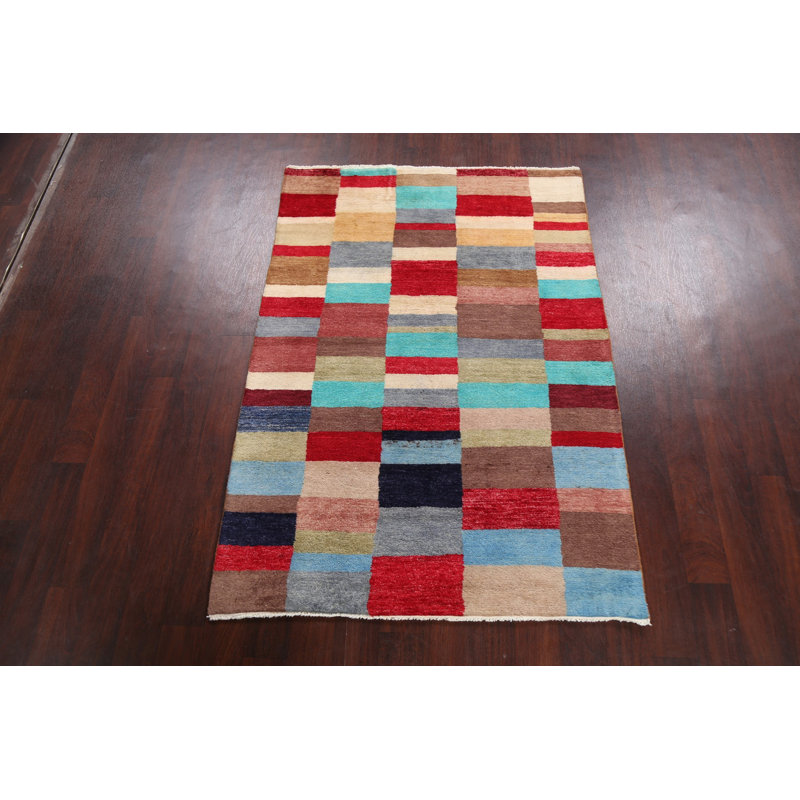 Tapis bleu / rouge / beige en laine noué à la main de conception unique 4 pi 2 po x 5 pi 11 po New Age