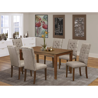 Ensemble de table de salle à manger 7 pièces composé d'une table rectangulaire en bois et de 6 chaises Parson rembourrées en tissu kaki foncé, acajou