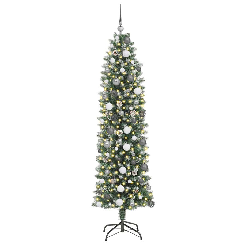 vidaXL Artificial Slim Christmas Tree with 150 LEDs Green, 6.89 ft, White