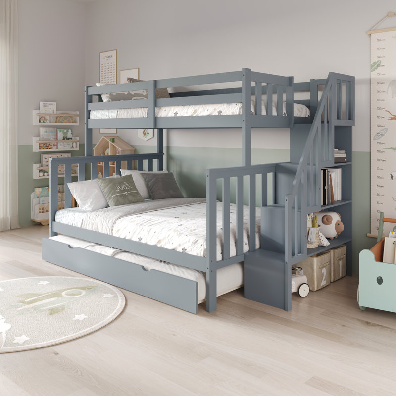 Twin Over Full Bunk Bed with Trundle and Storage, No Box Spring Required, Grey, Grey