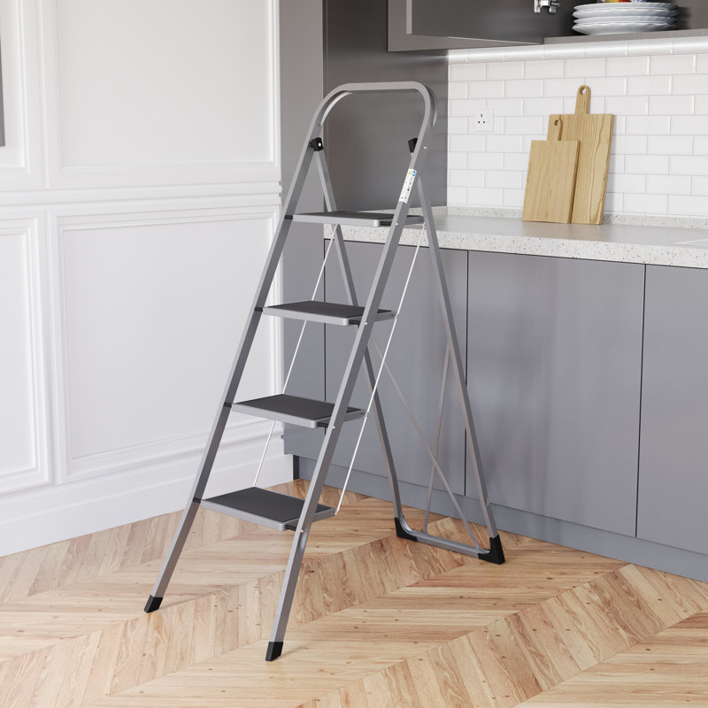 4-Step Steel Portable Folding Heavy Duty Ladder Non Slip Matt, Grey