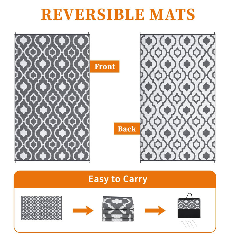 Waterproof Reversible Outdoor Rug – Durable Plastic Straw Area Carpet for Patio, Balcony, Camping, RV, Deck, Backyard – Lightweight, Boho Style – Gray & White, 9x12ft (270x360cm)