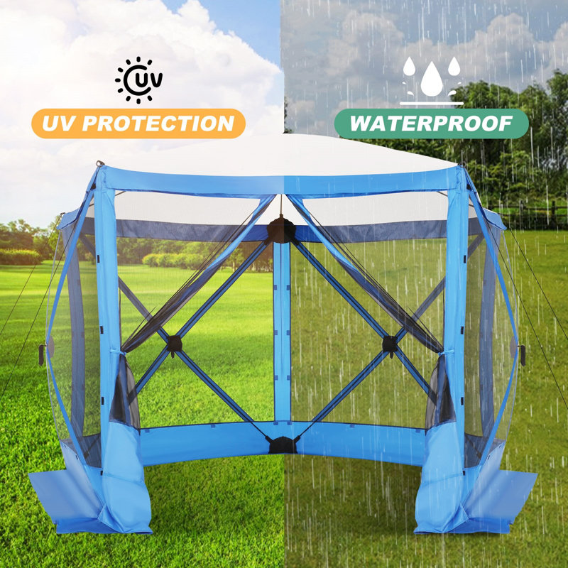 10x10ft Camping Gazebo Screen Tent, 5 Sided Pop-up Canopy Shelter with Mesh Windows, Blue