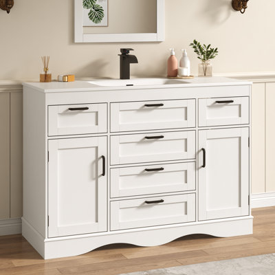 59" Modern Double Sink Bathroom Vanity With Undermount Basins, Freestanding Cabinet With 2 Doors, 3 Drawers & Flip-Top Storage Compartments