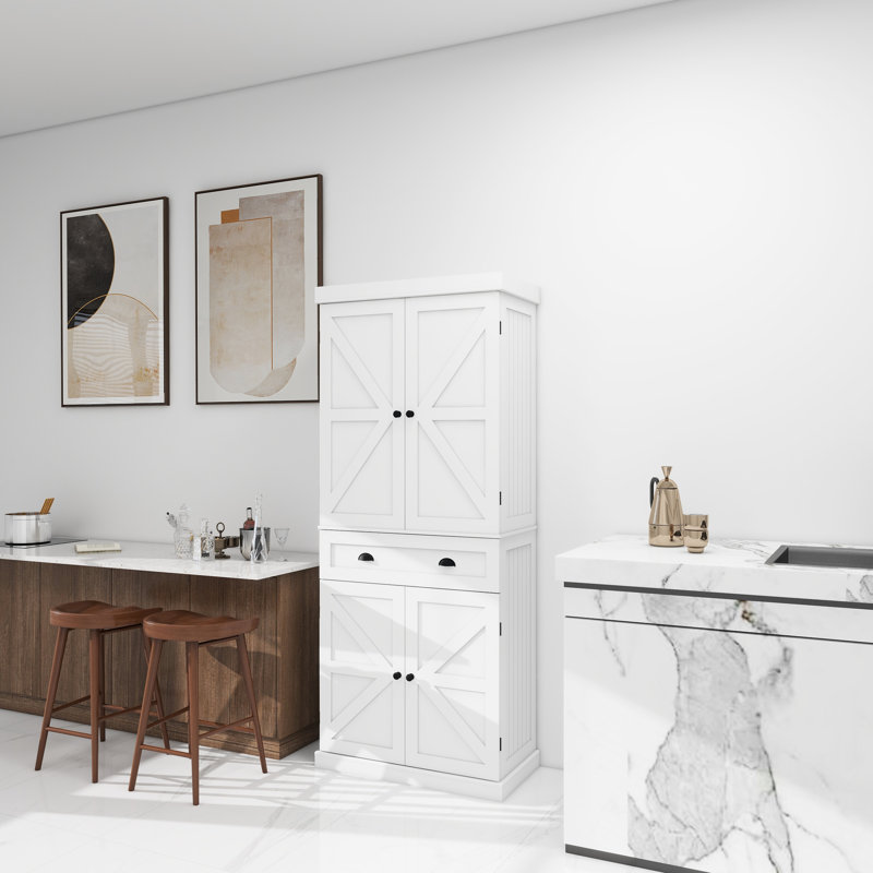 Armoire de cuisine 71 po en blanc. 4 portes, tiroir, 2 tablettes réglables. Rangement fonctionnel pour la salle à manger, le salon, la salle de lavage blanche avec tiroir et salle à manger adaptée.