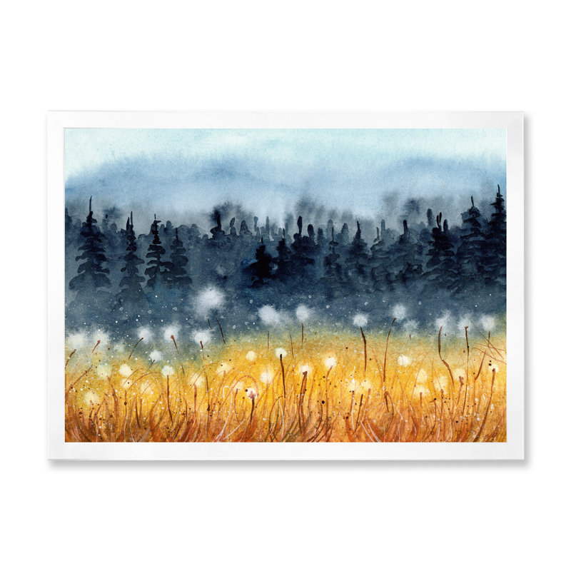 Paysage avec un champ de blé jaune - reproduction sur toile, H 24 po x l 32 po, Cadre photo blanc