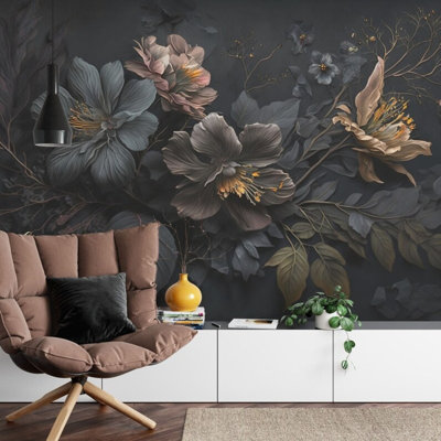 Dark Moody Botanical Flowers Wall Mural, Dramatic Gray Brown Vintage Bloom Charcoal Floral Bouquet Wall Art for Home Decor