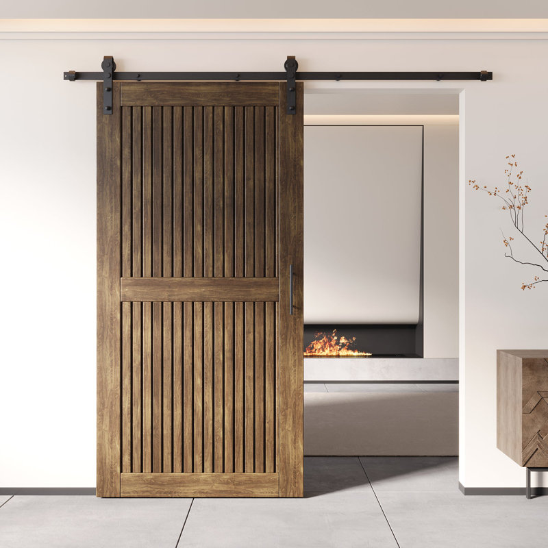 Porte de grange à rayures verticales non assemblée et non assemblée en noyer foncé 40 po x 80 po Homacer de Homacer, avec rail d'installation de 7 pi, usage intérieur seulement