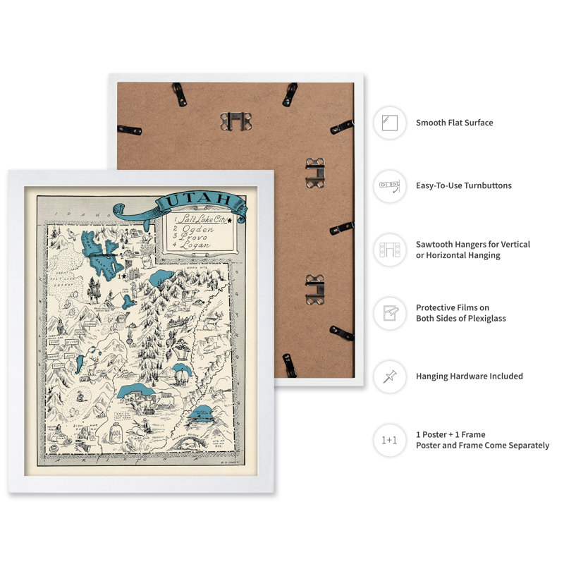 Utah Pictorial Map, Poster, 18"H x 24"W, White Framed