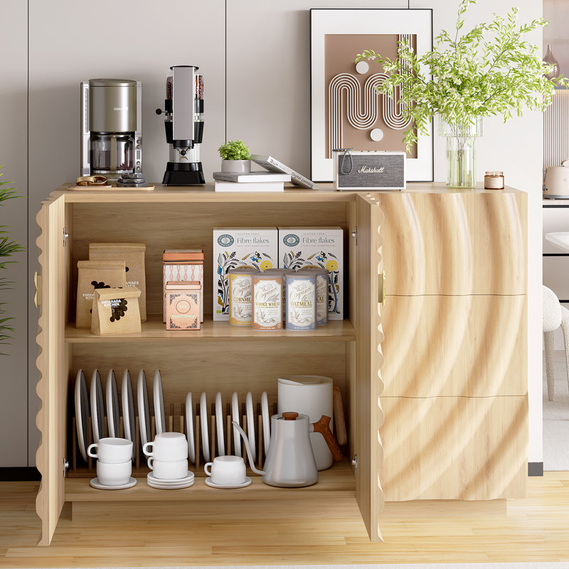 Buffet 47,2 "de large avec 2 portes et 3 tiroirs, tablettes réglables, Chêne