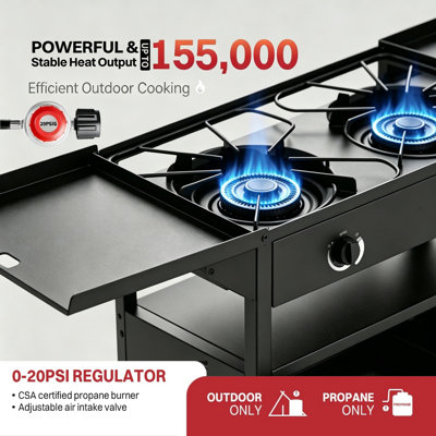 2 Burner Propane Camp Stove With 4 Wheels, 150,000 Btu Outdoor Gas Stove