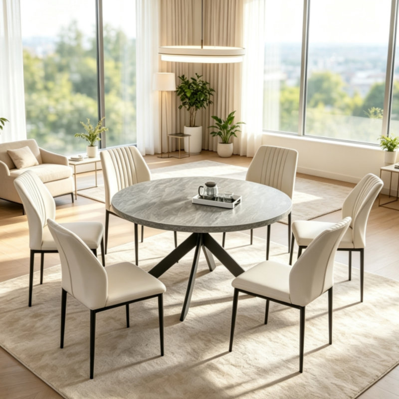 Cappelletti Round Steel Pedestal Dining Table Set, White, 7 Pieces: Table, 6 Chairs