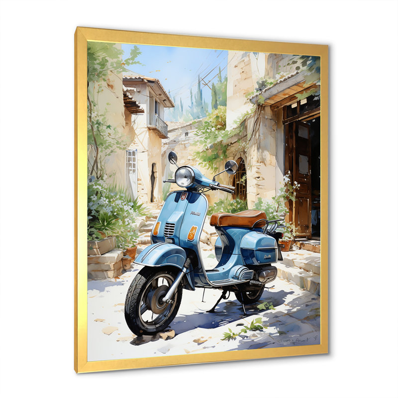 «Blue Urban Scooter Vibes» sur toile, H 32 po x l 24 po x P 1 po, Cadre doré simple