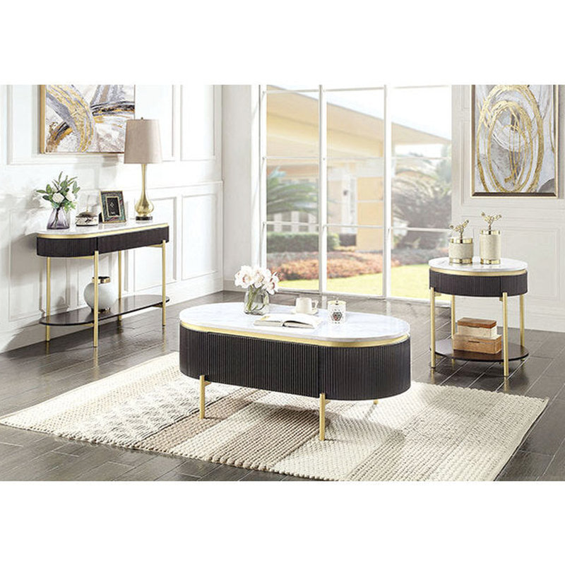Élégante table de bout en noyer foncé avec détails en faux marbre blanc et or glamour avec panneaux incurvés