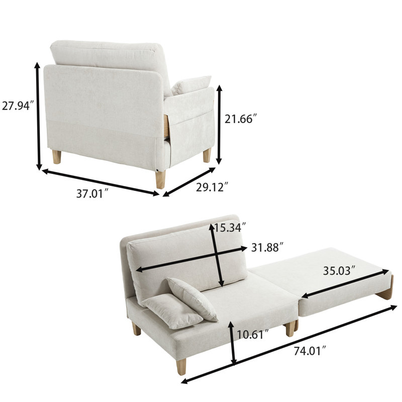 Canapé-lit convertible avec accoudoirs convertibles avec poches de rangement et revêtement en chenille haut de gamme, Beige