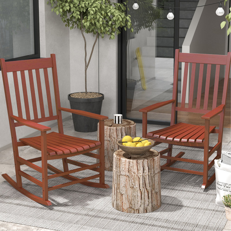 Ensemble de 2 chaises berçantes d'extérieur en bois avec accoudoirs lisses et dossier haut pour le jardin, le balcon et le porche